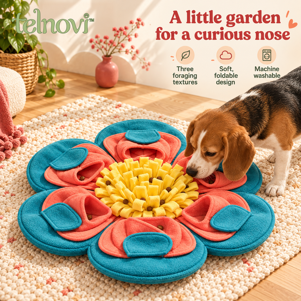 telnovi™ PetalPatch Dog Snuffle Mat, Flower-Shaped Treat Foraging Activity with Layered Pockets, Washable, 22-Inch