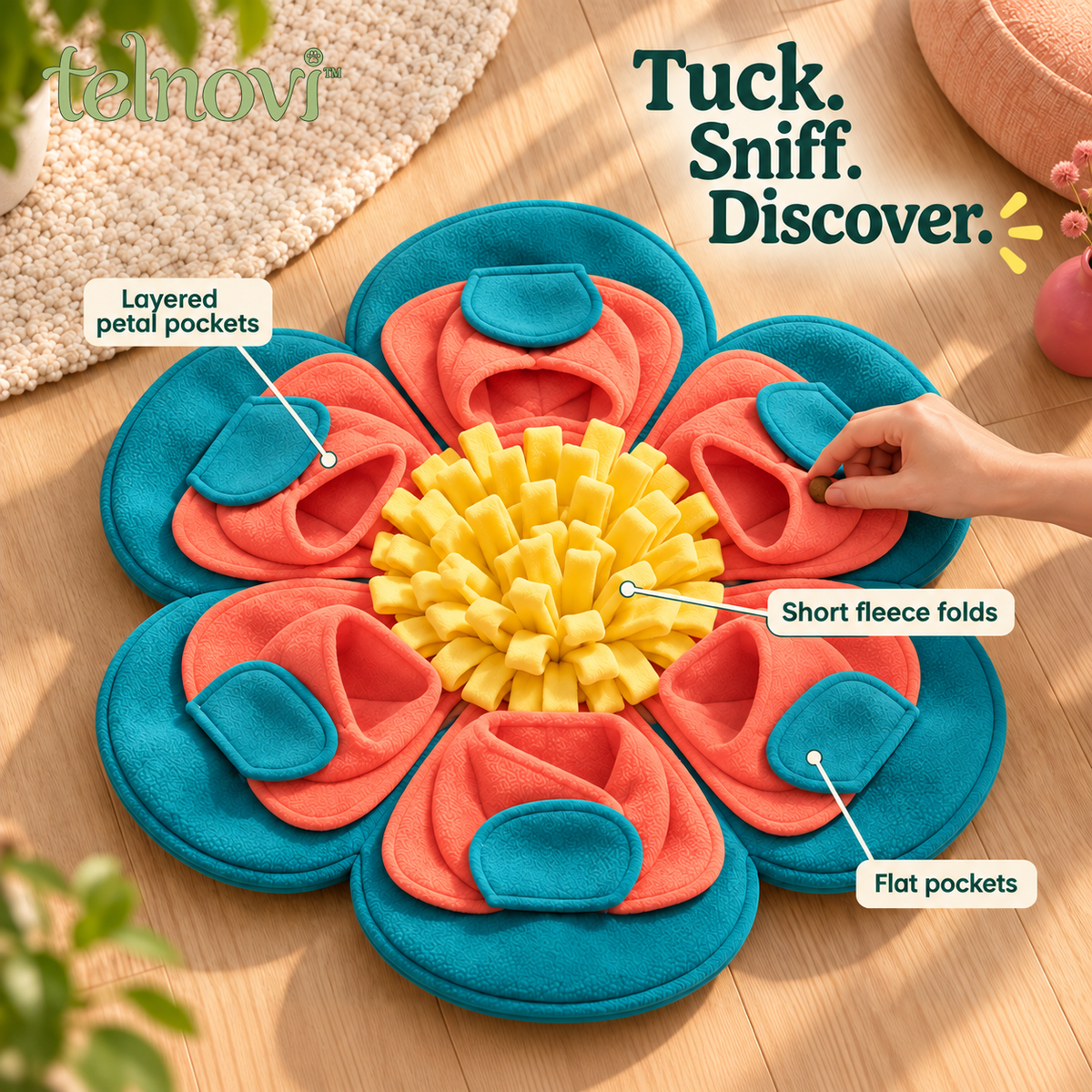 telnovi™ PetalPatch Dog Snuffle Mat, Flower-Shaped Treat Foraging Activity with Layered Pockets, Washable, 22-Inch