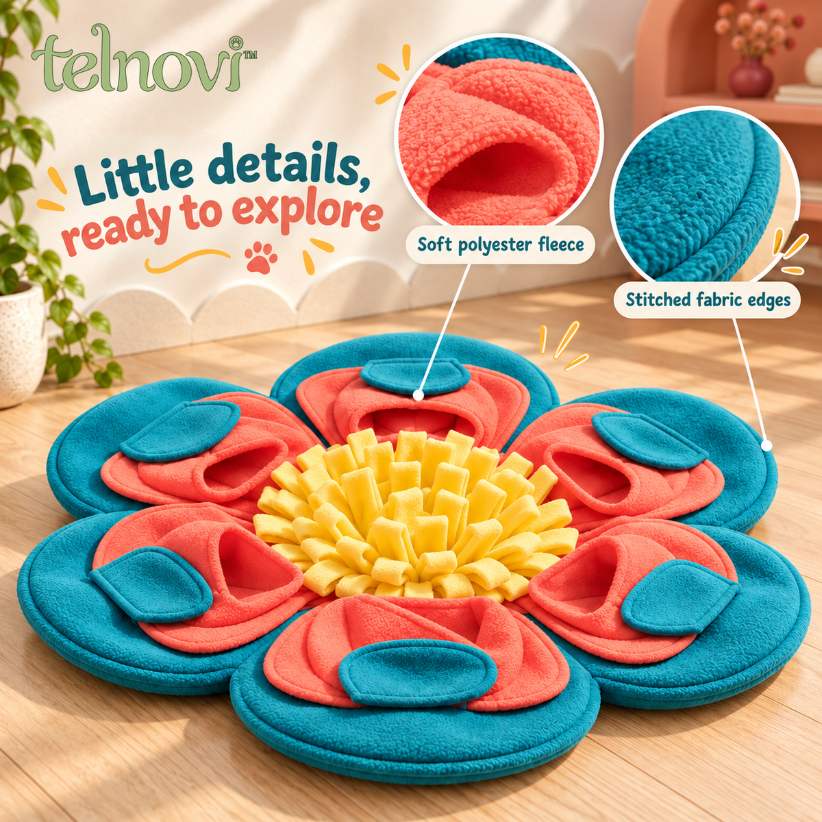 telnovi™ PetalPatch Dog Snuffle Mat, Flower-Shaped Treat Foraging Activity with Layered Pockets, Washable, 22-Inch