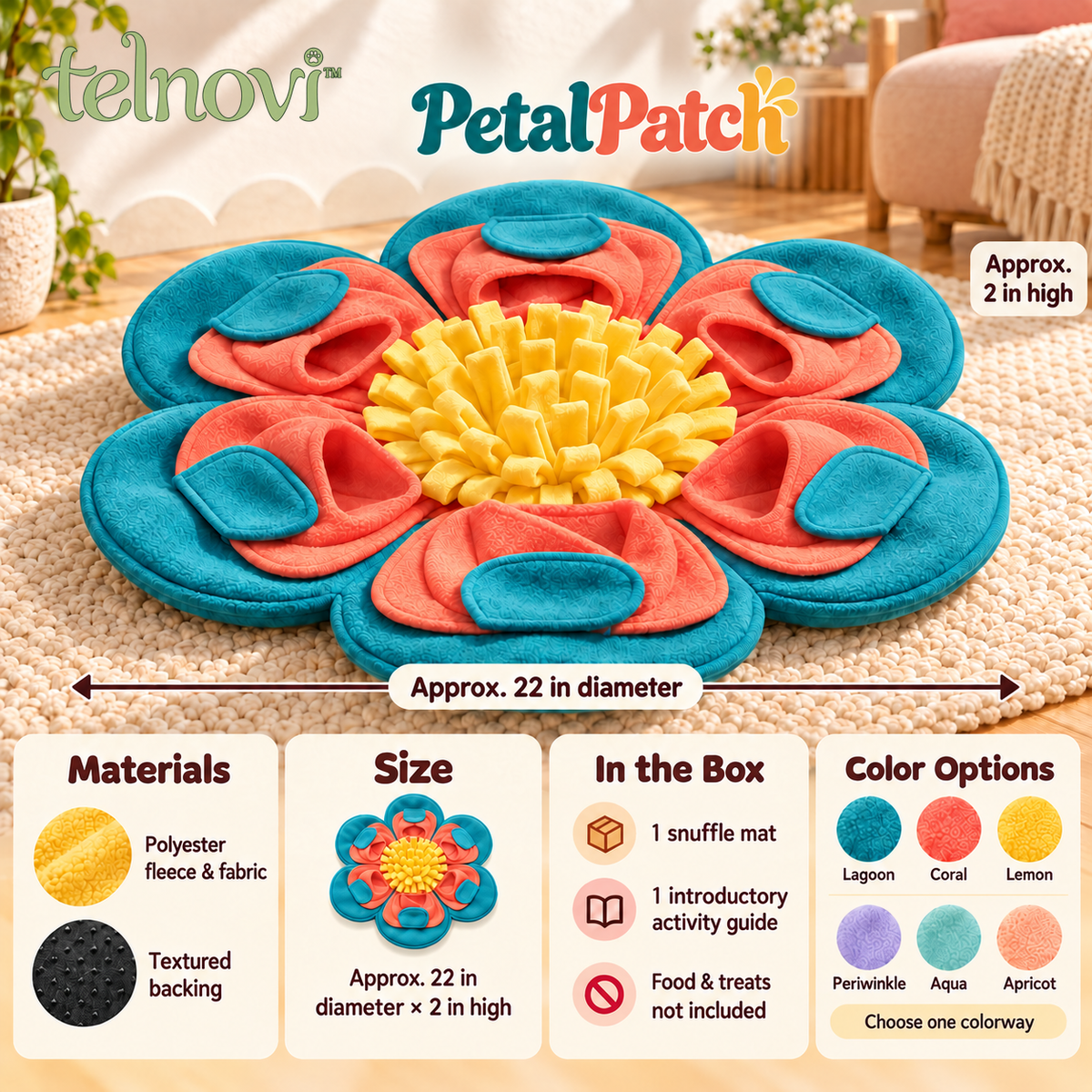 telnovi™ PetalPatch Dog Snuffle Mat, Flower-Shaped Treat Foraging Activity with Layered Pockets, Washable, 22-Inch