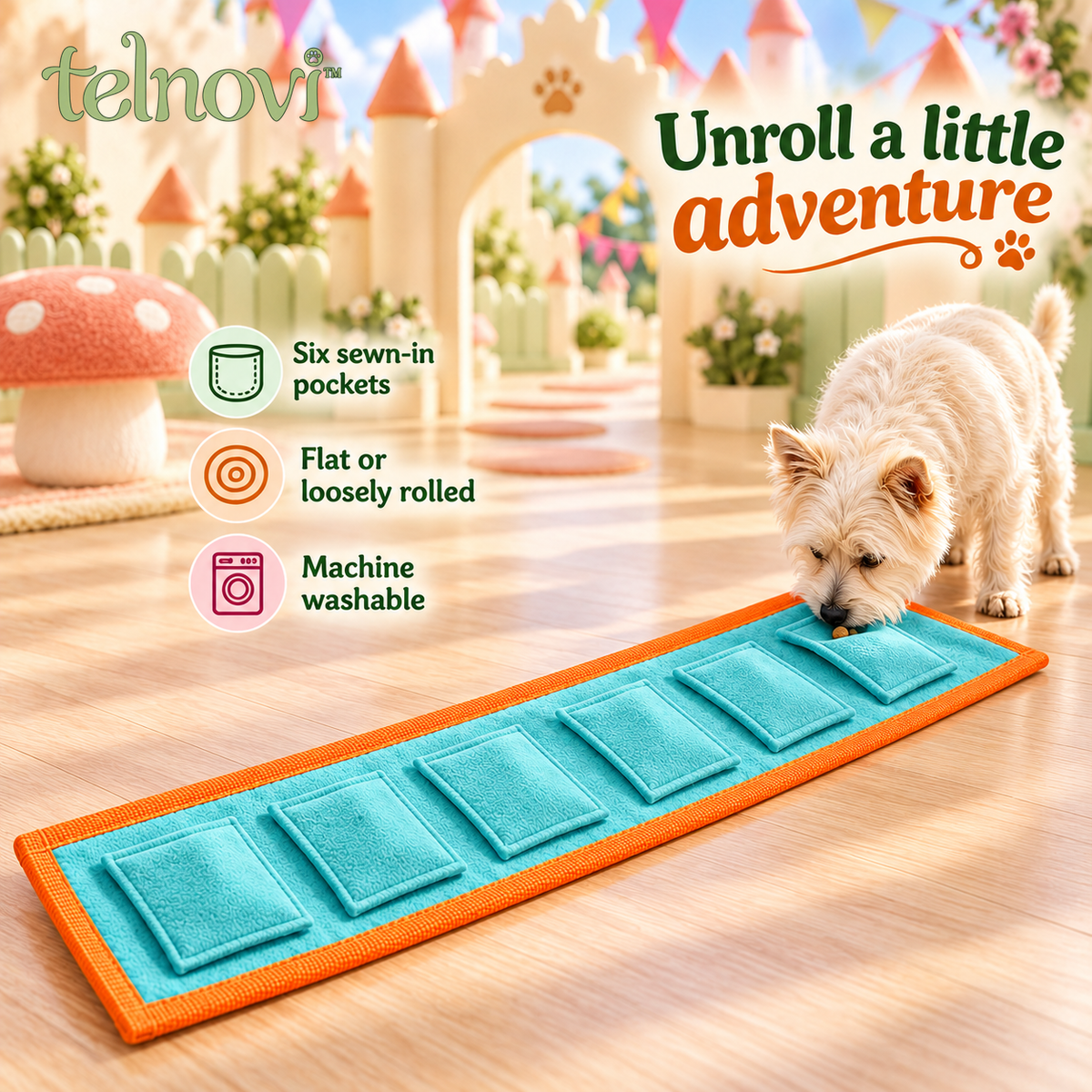 telnovi™ RollQuest Dog Treat Search Toy, Roll-Up Snuffle Strip with Hidden Food Pockets, Washable Enrichment Toy, 30-Inch