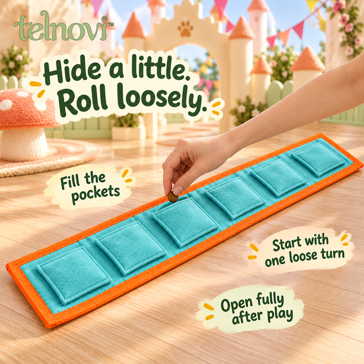 telnovi™ RollQuest Dog Treat Search Toy, Roll-Up Snuffle Strip with Hidden Food Pockets, Washable Enrichment Toy, 30-Inch
