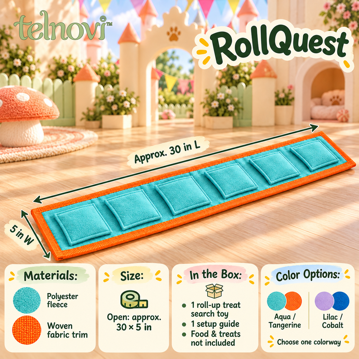 telnovi™ RollQuest Dog Treat Search Toy, Roll-Up Snuffle Strip with Hidden Food Pockets, Washable Enrichment Toy, 30-Inch