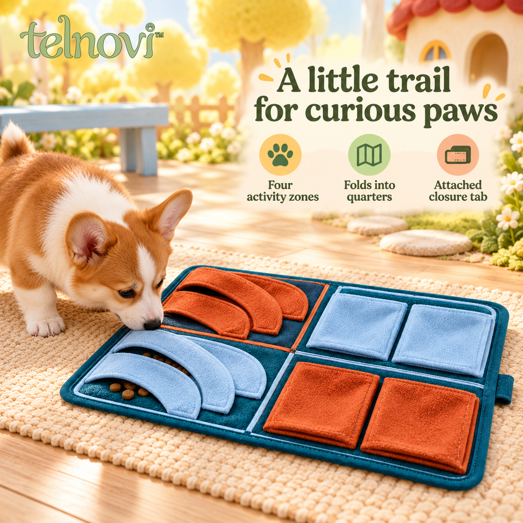 telnovi™ FoldTrail Portable Dog Snuffle Mat, Foldable Treat Search Activity with Pockets and Fabric Flaps, 18 × 14 Inches