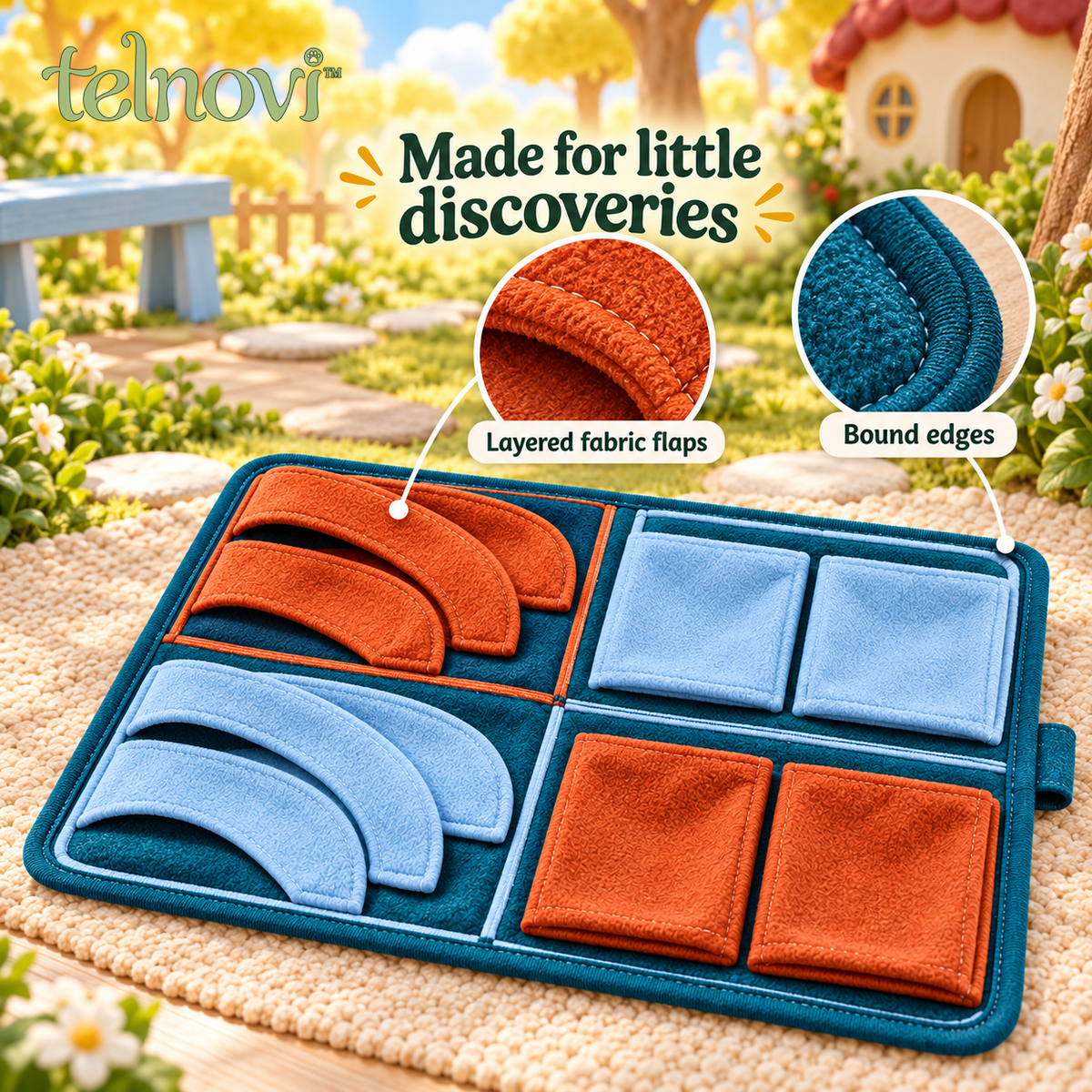 telnovi™ FoldTrail Portable Dog Snuffle Mat, Foldable Treat Search Activity with Pockets and Fabric Flaps, 18 × 14 Inches