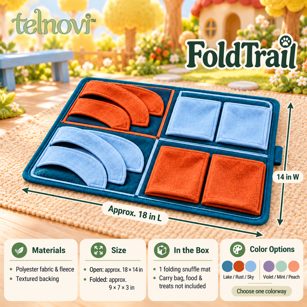 telnovi™ FoldTrail Portable Dog Snuffle Mat, Foldable Treat Search Activity with Pockets and Fabric Flaps, 18 × 14 Inches