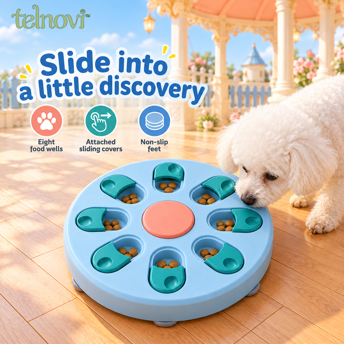 telnovi™ SlideArc Dog Puzzle Feeder, Interactive Treat Search Board with Captive Sliding Covers, Non-Slip Feet, 11.5-Inch