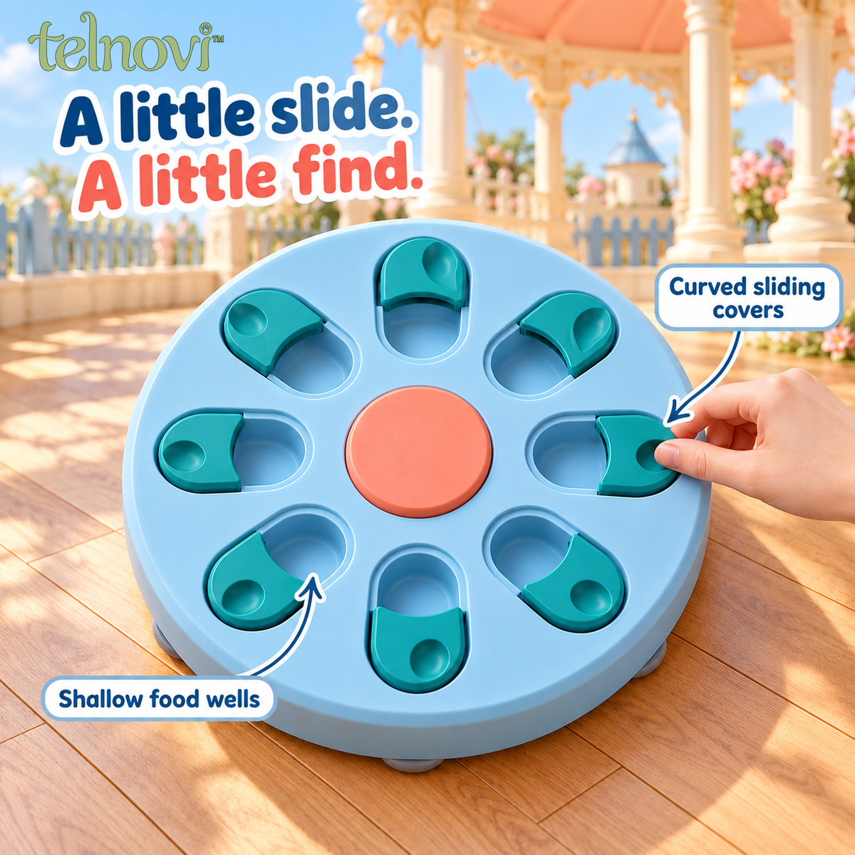 telnovi™ SlideArc Dog Puzzle Feeder, Interactive Treat Search Board with Captive Sliding Covers, Non-Slip Feet, 11.5-Inch