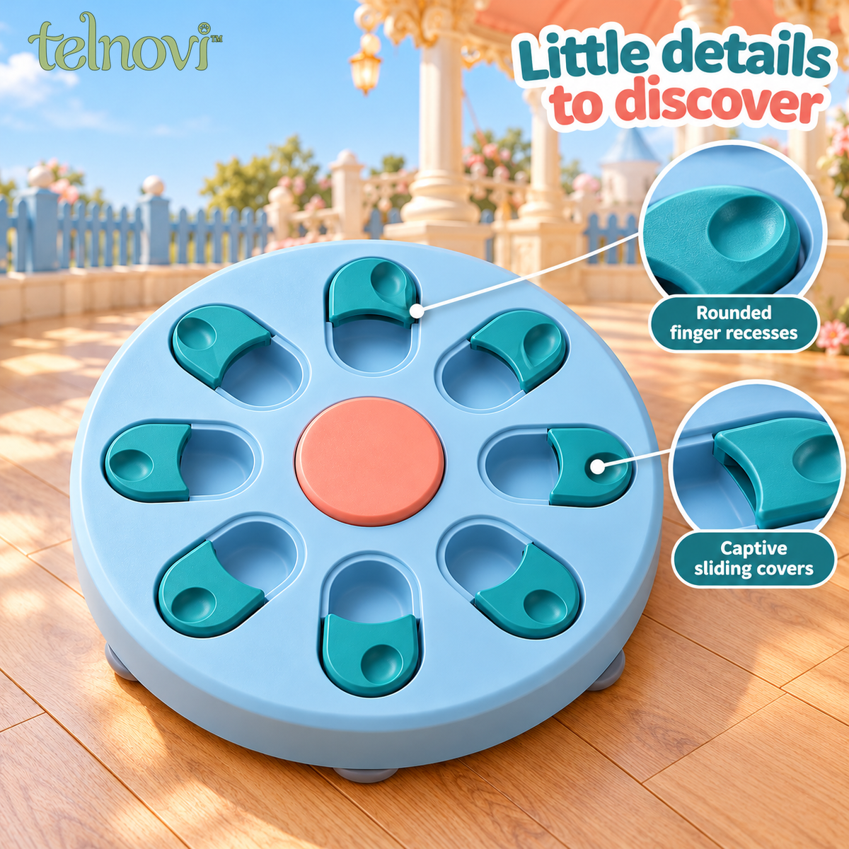 telnovi™ SlideArc Dog Puzzle Feeder, Interactive Treat Search Board with Captive Sliding Covers, Non-Slip Feet, 11.5-Inch