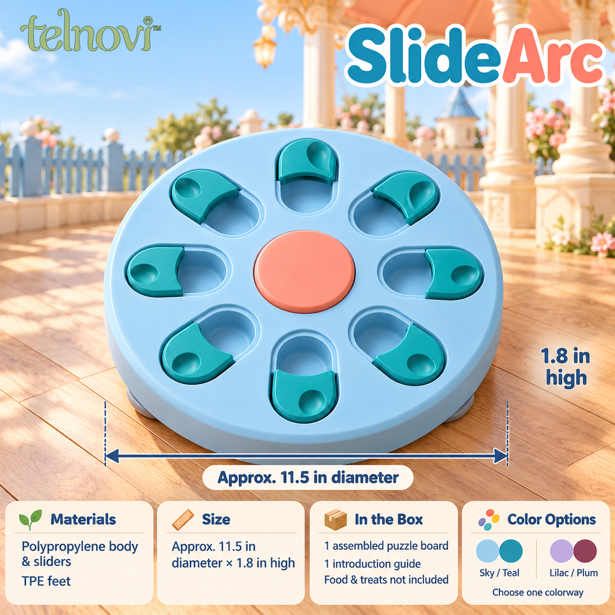 telnovi™ SlideArc Dog Puzzle Feeder, Interactive Treat Search Board with Captive Sliding Covers, Non-Slip Feet, 11.5-Inch