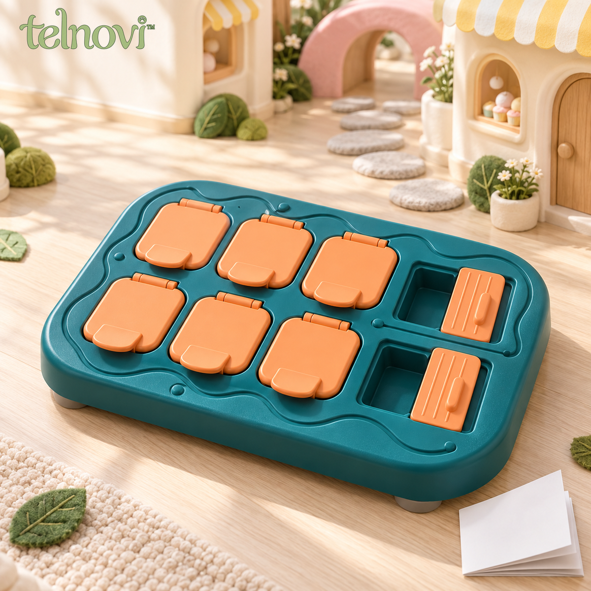 telnovi™ FlipRoute Dog Treat Puzzle, Lift-and-Slide Interactive Food Game with Attached Lids, 12 × 9 Inches