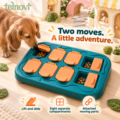 telnovi™ FlipRoute Dog Treat Puzzle, Lift-and-Slide Interactive Food Game with Attached Lids, 12 × 9 Inches
