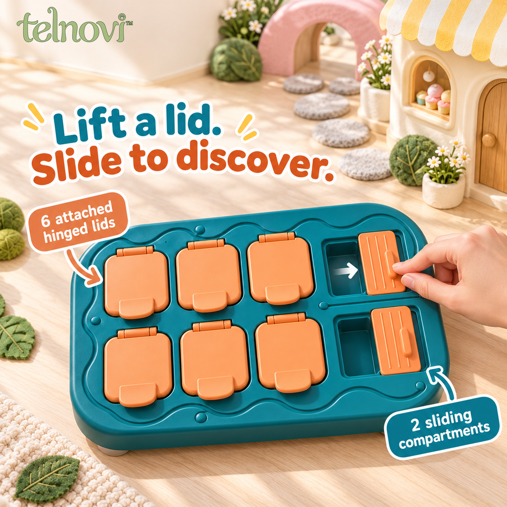 telnovi™ FlipRoute Dog Treat Puzzle, Lift-and-Slide Interactive Food Game with Attached Lids, 12 × 9 Inches