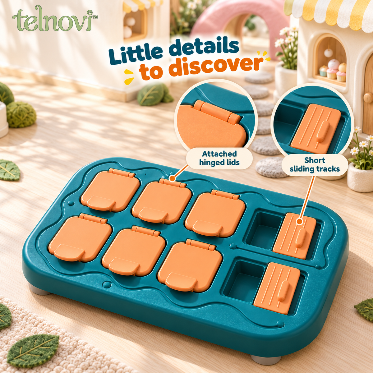 telnovi™ FlipRoute Dog Treat Puzzle, Lift-and-Slide Interactive Food Game with Attached Lids, 12 × 9 Inches