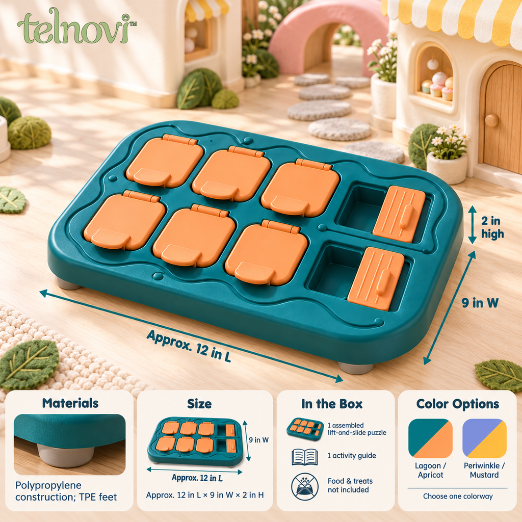 telnovi™ FlipRoute Dog Treat Puzzle, Lift-and-Slide Interactive Food Game with Attached Lids, 12 × 9 Inches