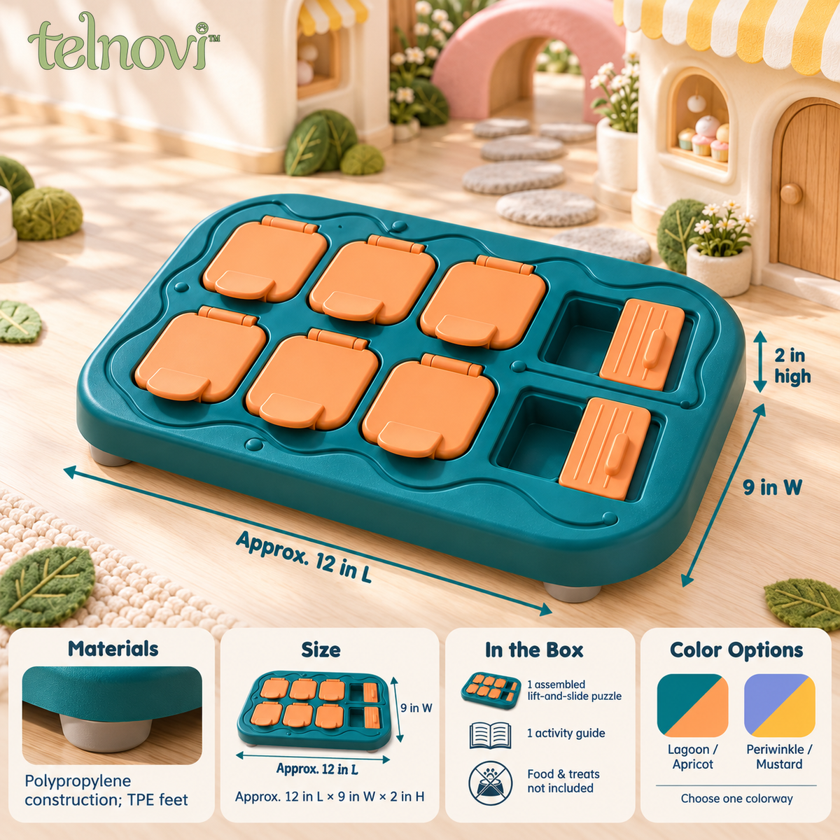 telnovi™ FlipRoute Dog Treat Puzzle, Lift-and-Slide Interactive Food Game with Attached Lids, 12 × 9 Inches