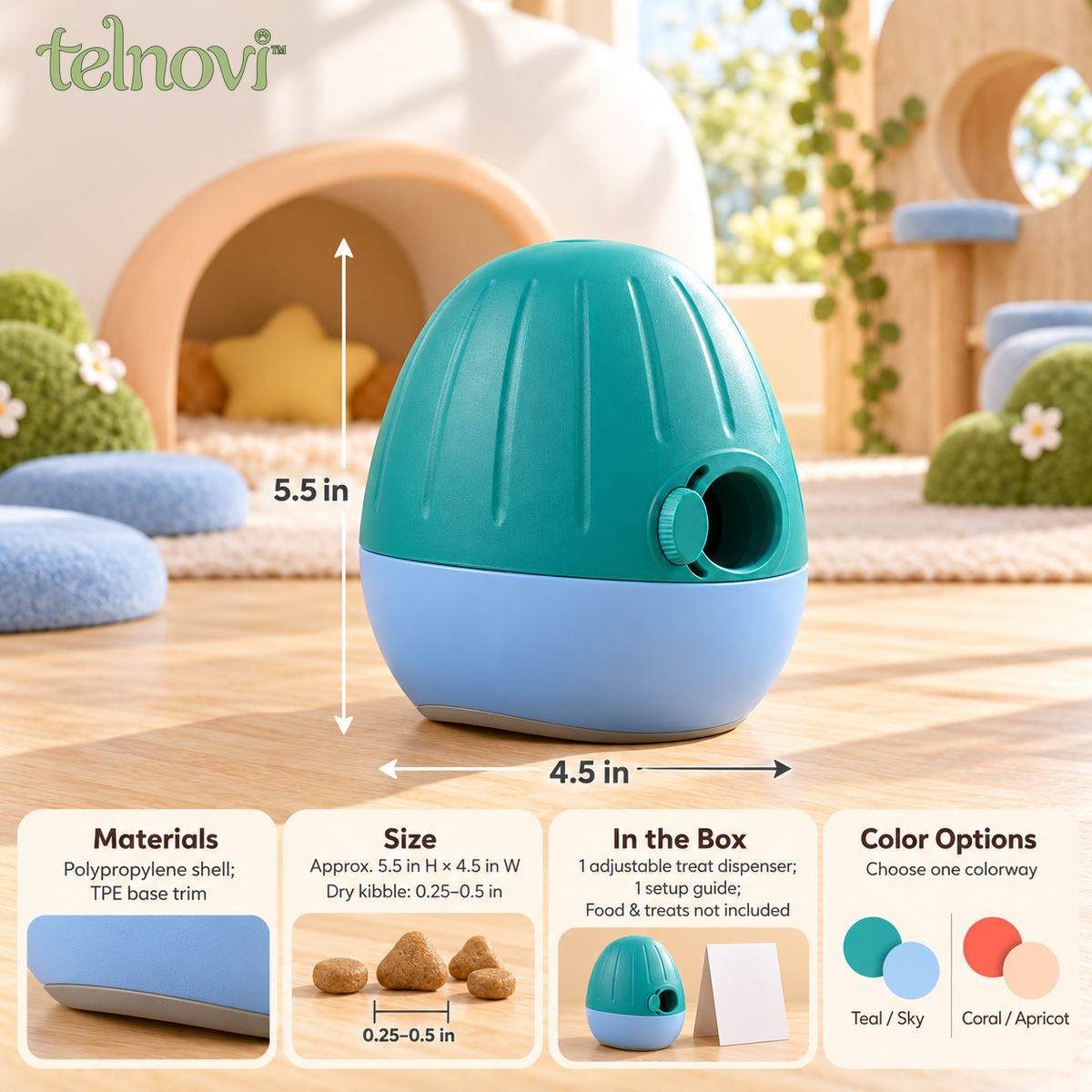 telnovi™ WobblePebble Dog Treat Dispenser, Adjustable Rolling Food Puzzle with Twist-Open Base, 5.5-Inch