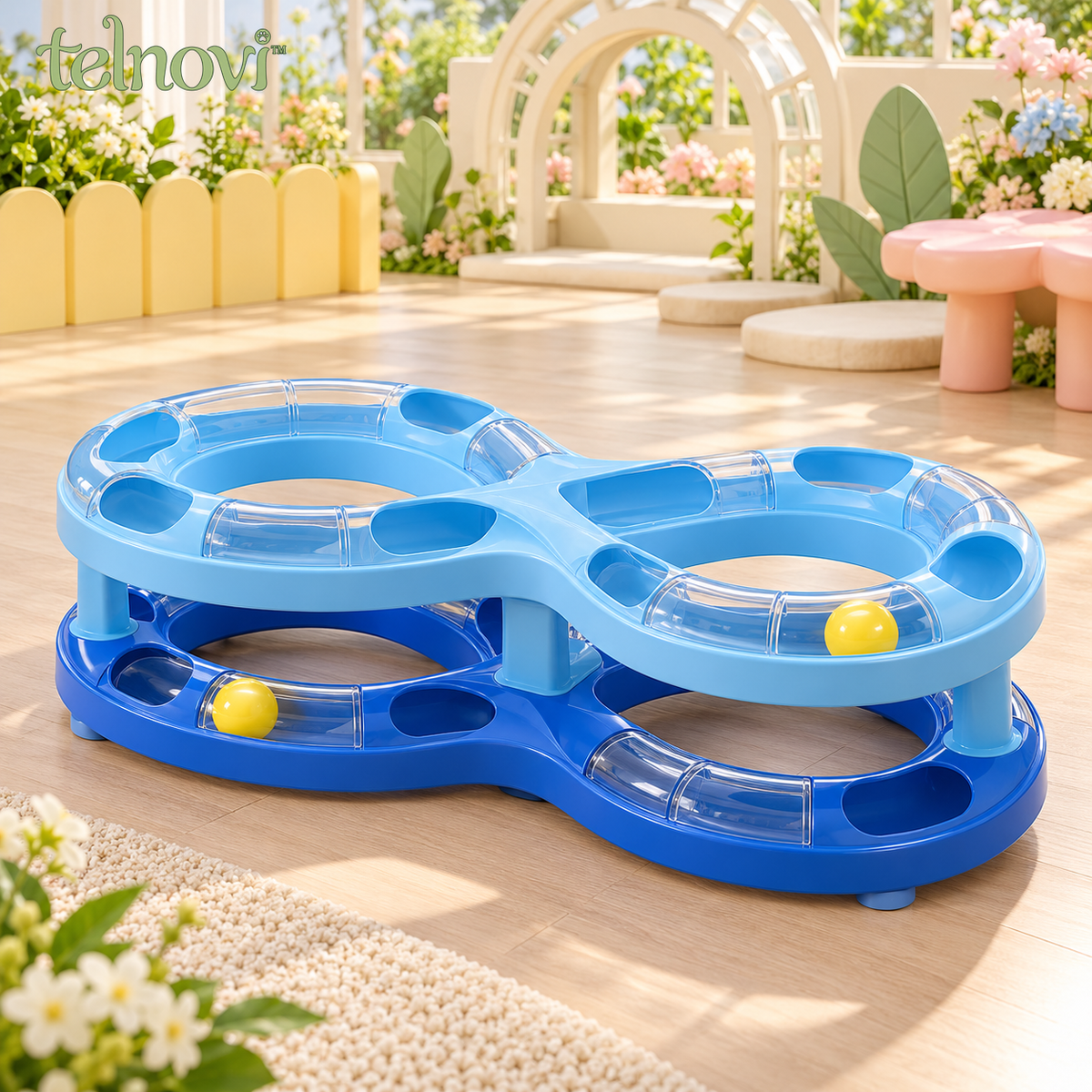 telnovi™ LoopOrbit Cat Ball Track Toy, Two-Level Figure-Eight Chase Circuit with Captive Balls, 15-Inch