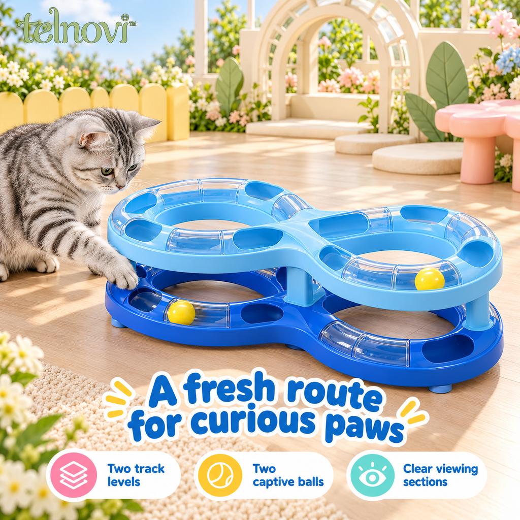 telnovi™ LoopOrbit Cat Ball Track Toy, Two-Level Figure-Eight Chase Circuit with Captive Balls, 15-Inch