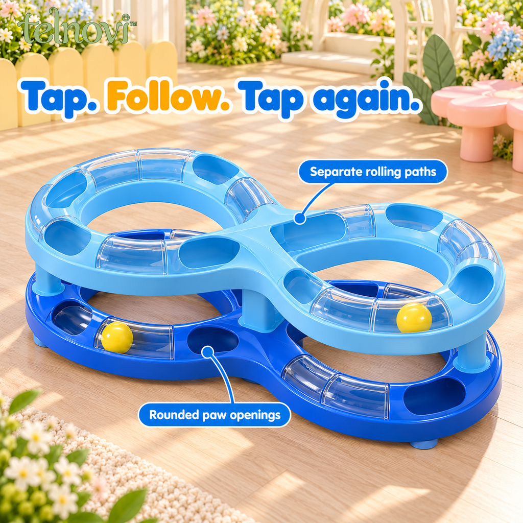 telnovi™ LoopOrbit Cat Ball Track Toy, Two-Level Figure-Eight Chase Circuit with Captive Balls, 15-Inch