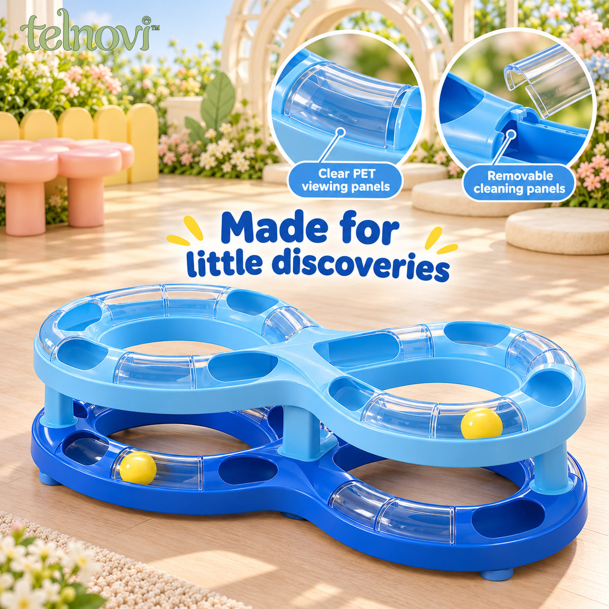 telnovi™ LoopOrbit Cat Ball Track Toy, Two-Level Figure-Eight Chase Circuit with Captive Balls, 15-Inch
