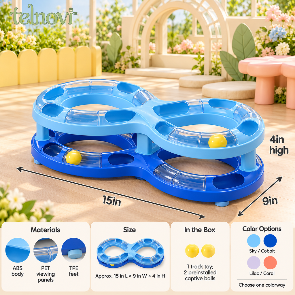telnovi™ LoopOrbit Cat Ball Track Toy, Two-Level Figure-Eight Chase Circuit with Captive Balls, 15-Inch