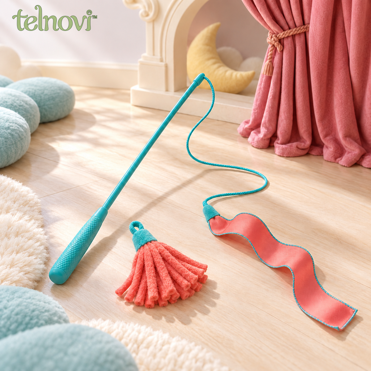 telnovi™ RibbonDrift Cat Wand Toy Set, Interactive Teaser with Two Interchangeable Fabric Lures, 18-Inch Wand