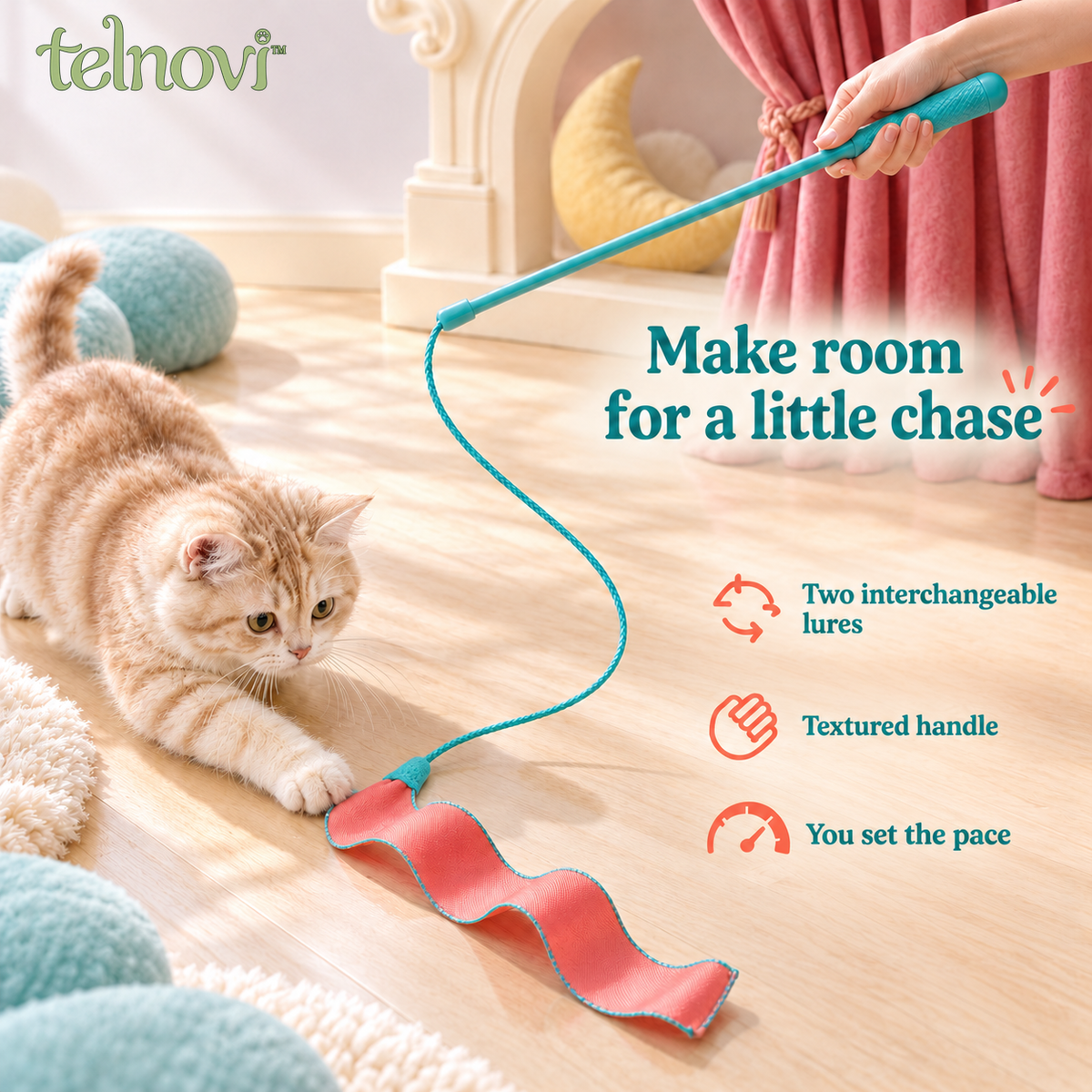 telnovi™ RibbonDrift Cat Wand Toy Set, Interactive Teaser with Two Interchangeable Fabric Lures, 18-Inch Wand