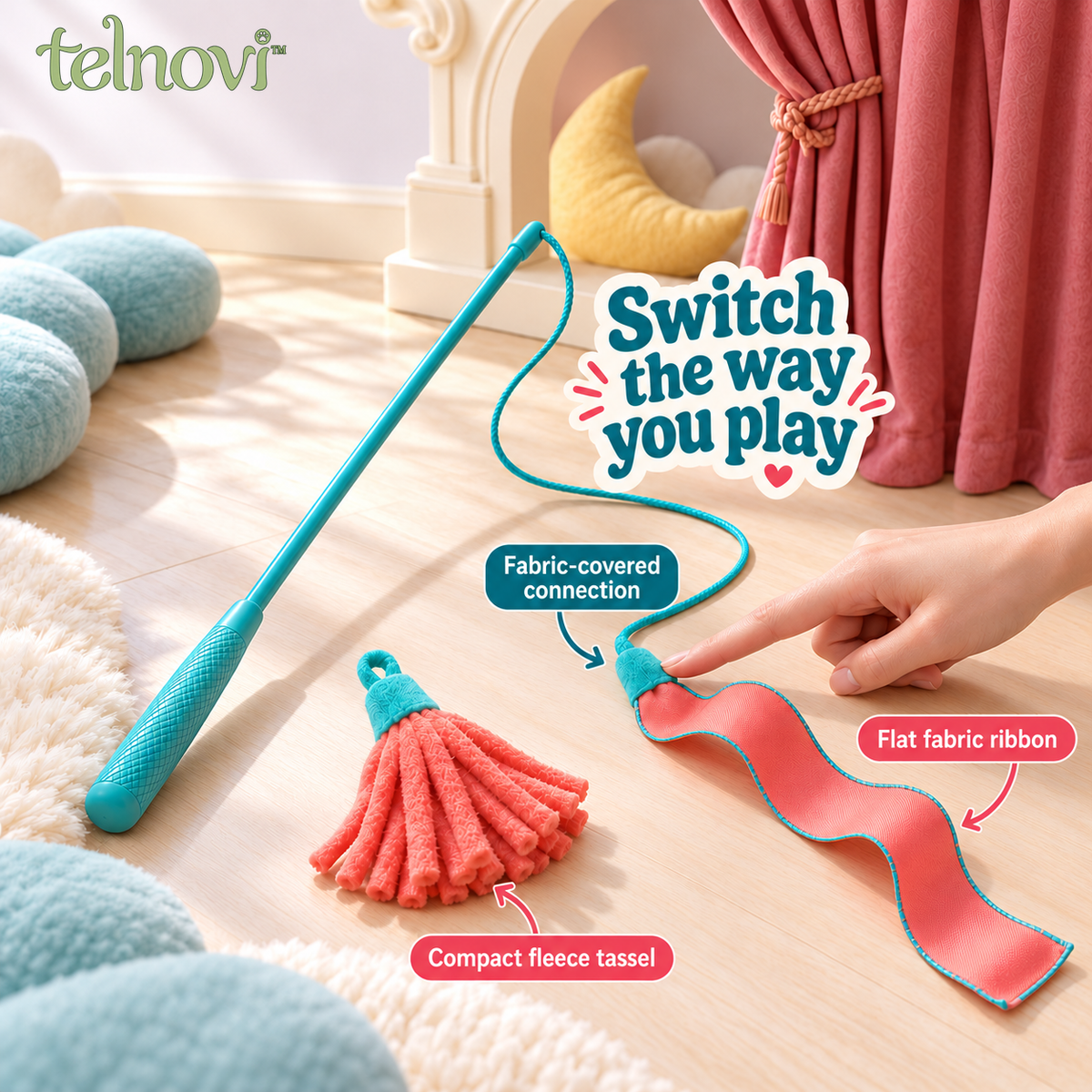 telnovi™ RibbonDrift Cat Wand Toy Set, Interactive Teaser with Two Interchangeable Fabric Lures, 18-Inch Wand