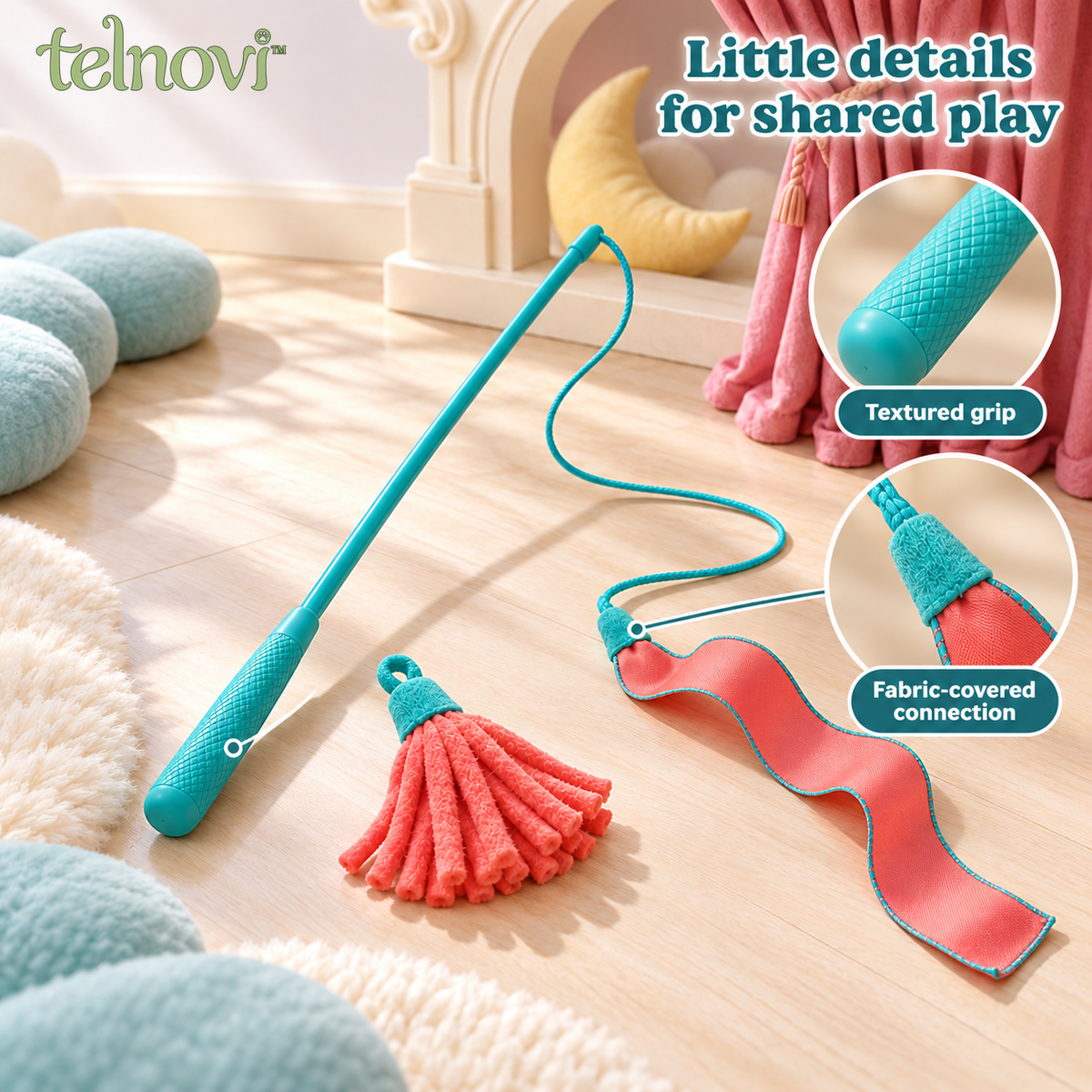 telnovi™ RibbonDrift Cat Wand Toy Set, Interactive Teaser with Two Interchangeable Fabric Lures, 18-Inch Wand