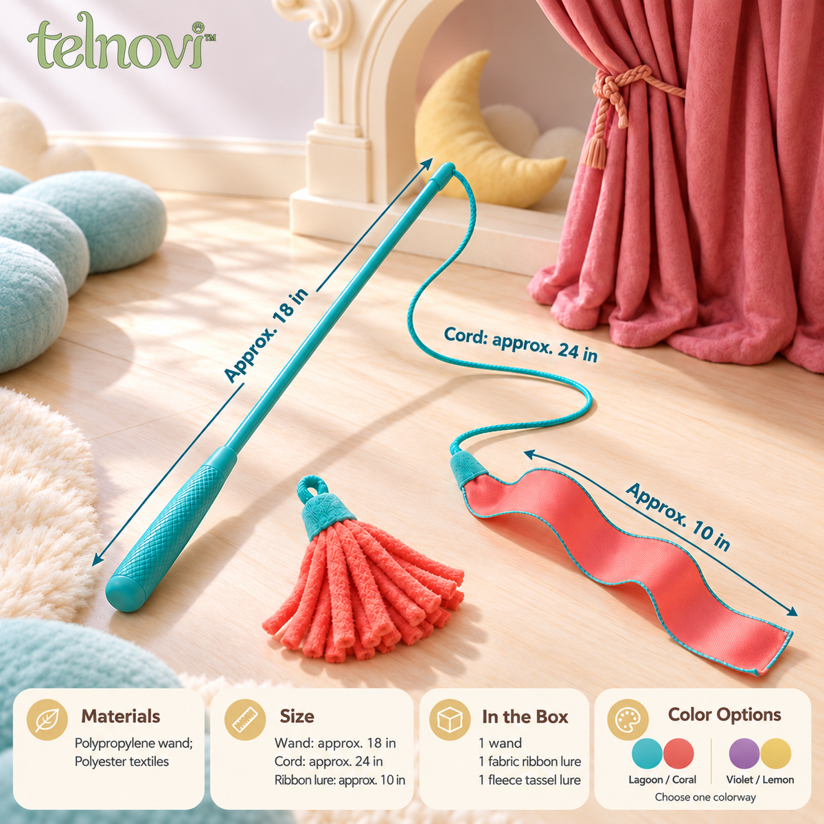 telnovi™ RibbonDrift Cat Wand Toy Set, Interactive Teaser with Two Interchangeable Fabric Lures, 18-Inch Wand