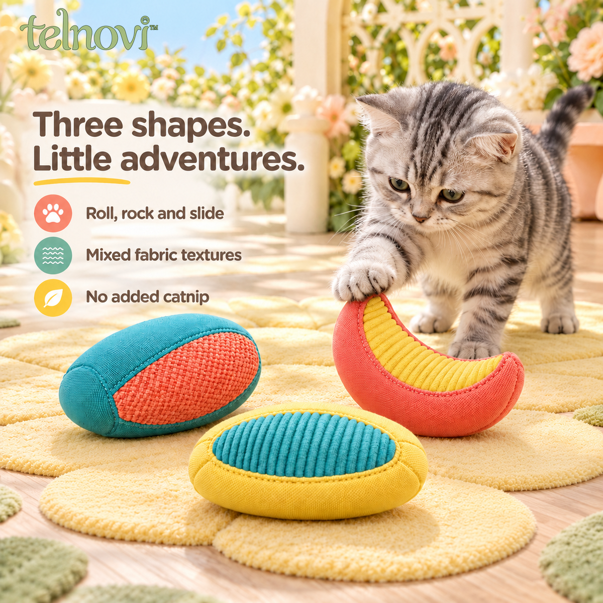 telnovi™ SkipPod Cat Chase Toy Set, Three Textured Floor Toys for Batting, Tossing & Pouncing