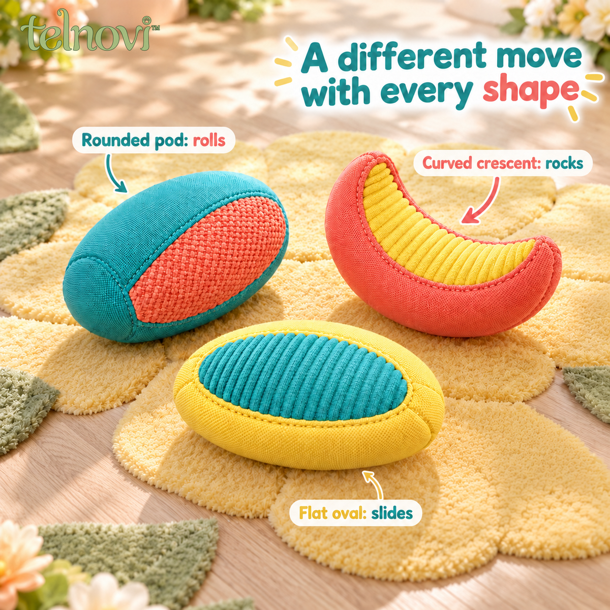 telnovi™ SkipPod Cat Chase Toy Set, Three Textured Floor Toys for Batting, Tossing & Pouncing