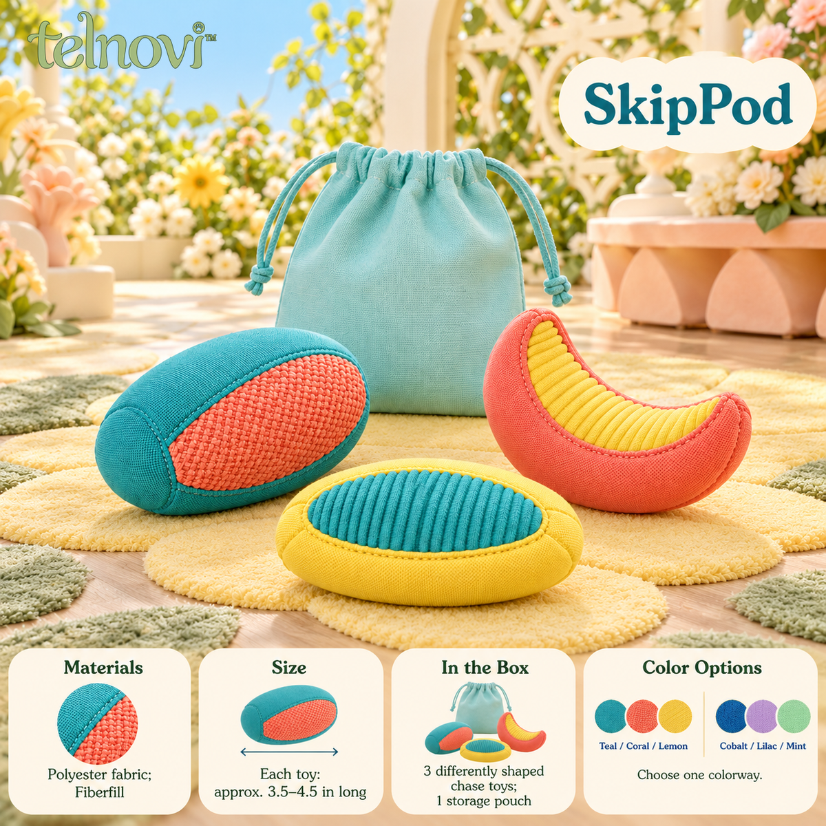 telnovi™ SkipPod Cat Chase Toy Set, Three Textured Floor Toys for Batting, Tossing & Pouncing