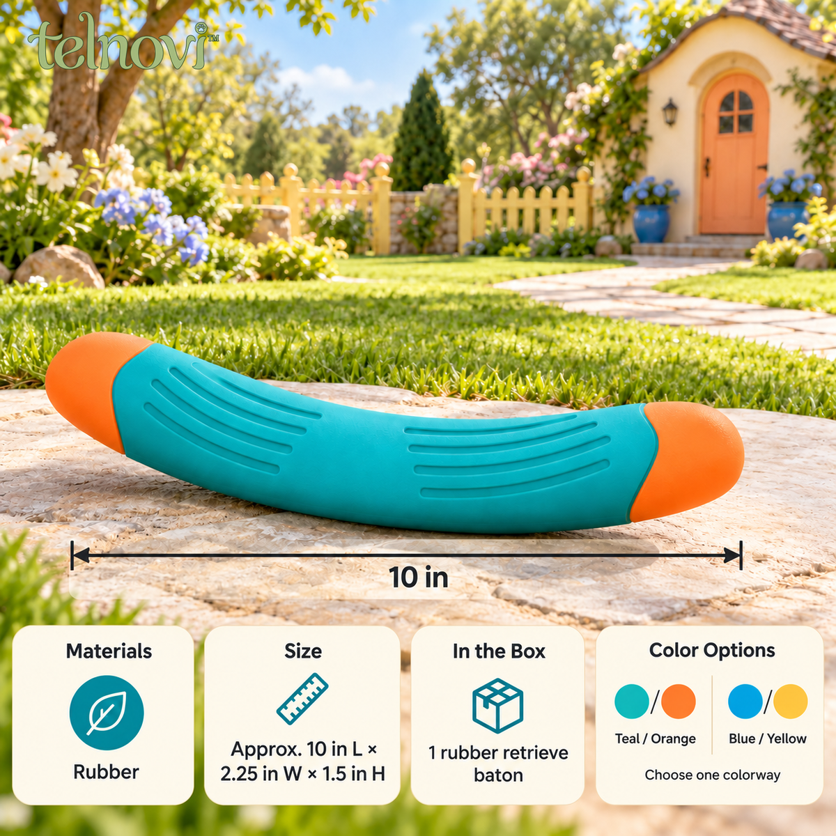 telnovi™ FetchArc Dog Retrieve Toy, Textured Rubber Fetch Baton for Interactive Outdoor Play, 10-Inch