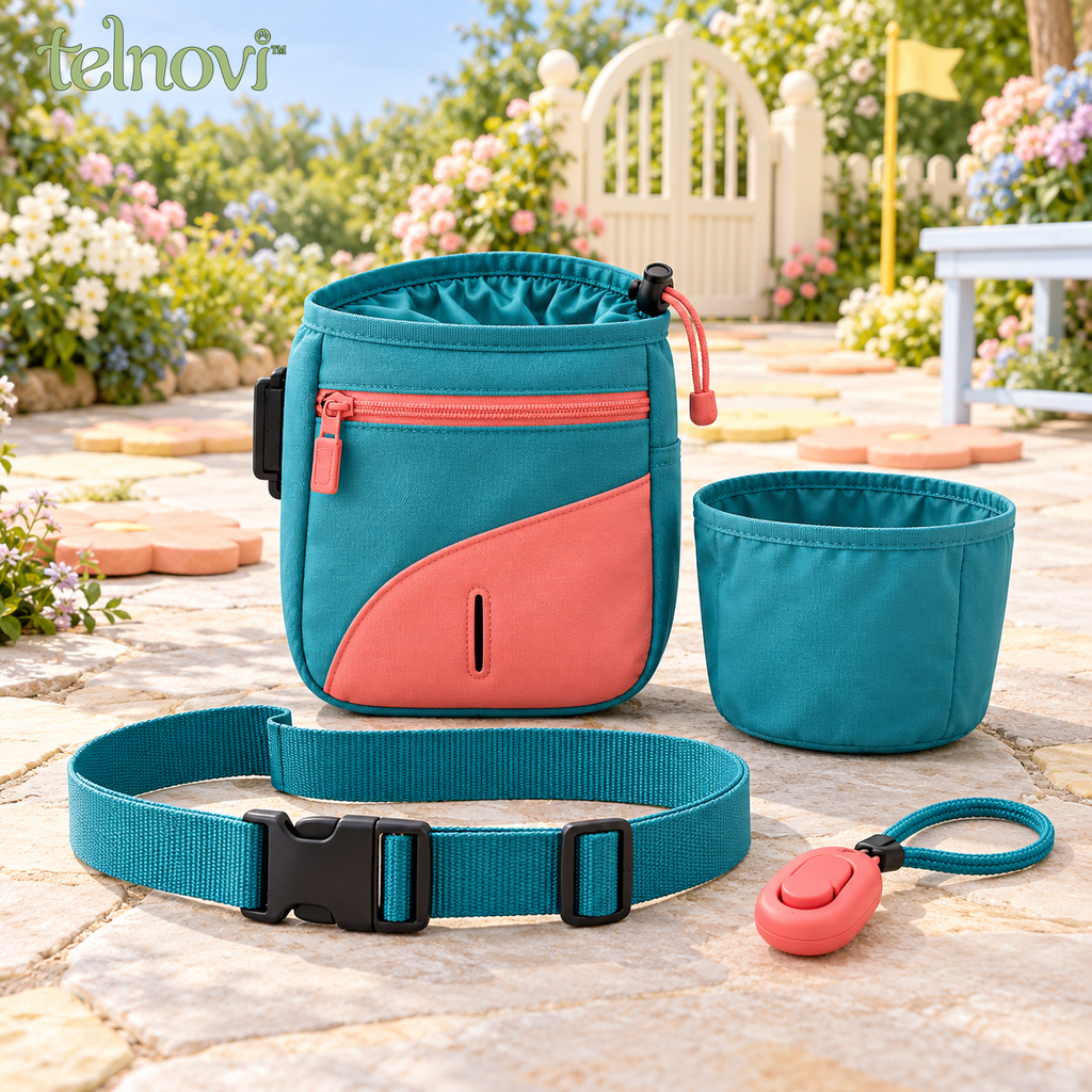 telnovi™ CuePocket Dog Training Treat Pouch Set, Adjustable Waist Bag with Removable Liner & Training Clicker