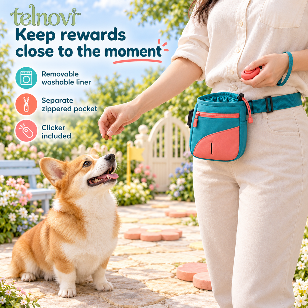 telnovi™ CuePocket Dog Training Treat Pouch Set, Adjustable Waist Bag with Removable Liner & Training Clicker