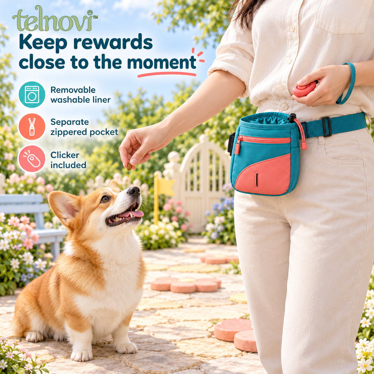 telnovi™ CuePocket Dog Training Treat Pouch Set, Adjustable Waist Bag with Removable Liner & Training Clicker
