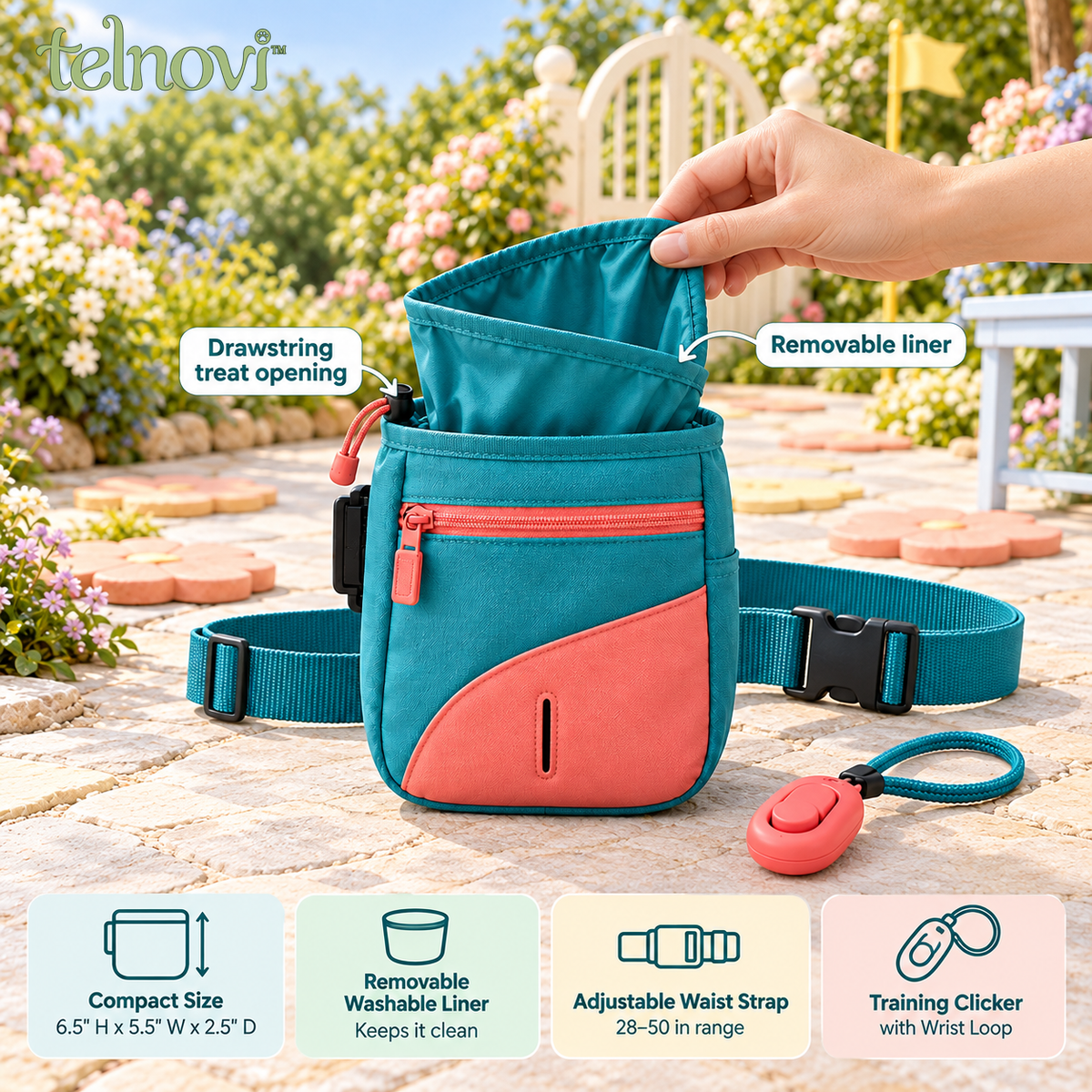 telnovi™ CuePocket Dog Training Treat Pouch Set, Adjustable Waist Bag with Removable Liner & Training Clicker