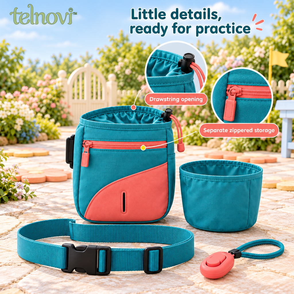 telnovi™ CuePocket Dog Training Treat Pouch Set, Adjustable Waist Bag with Removable Liner & Training Clicker