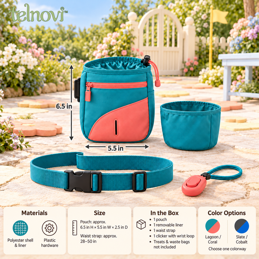 telnovi™ CuePocket Dog Training Treat Pouch Set, Adjustable Waist Bag with Removable Liner & Training Clicker