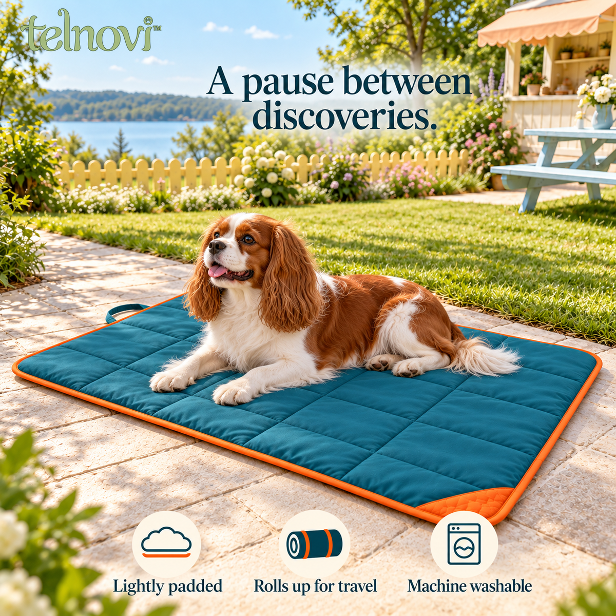 telnovi™ TrailPause Packable Dog Travel Mat, Roll-Up Padded Rest Pad with Carry Handle, 36 × 24 Inches