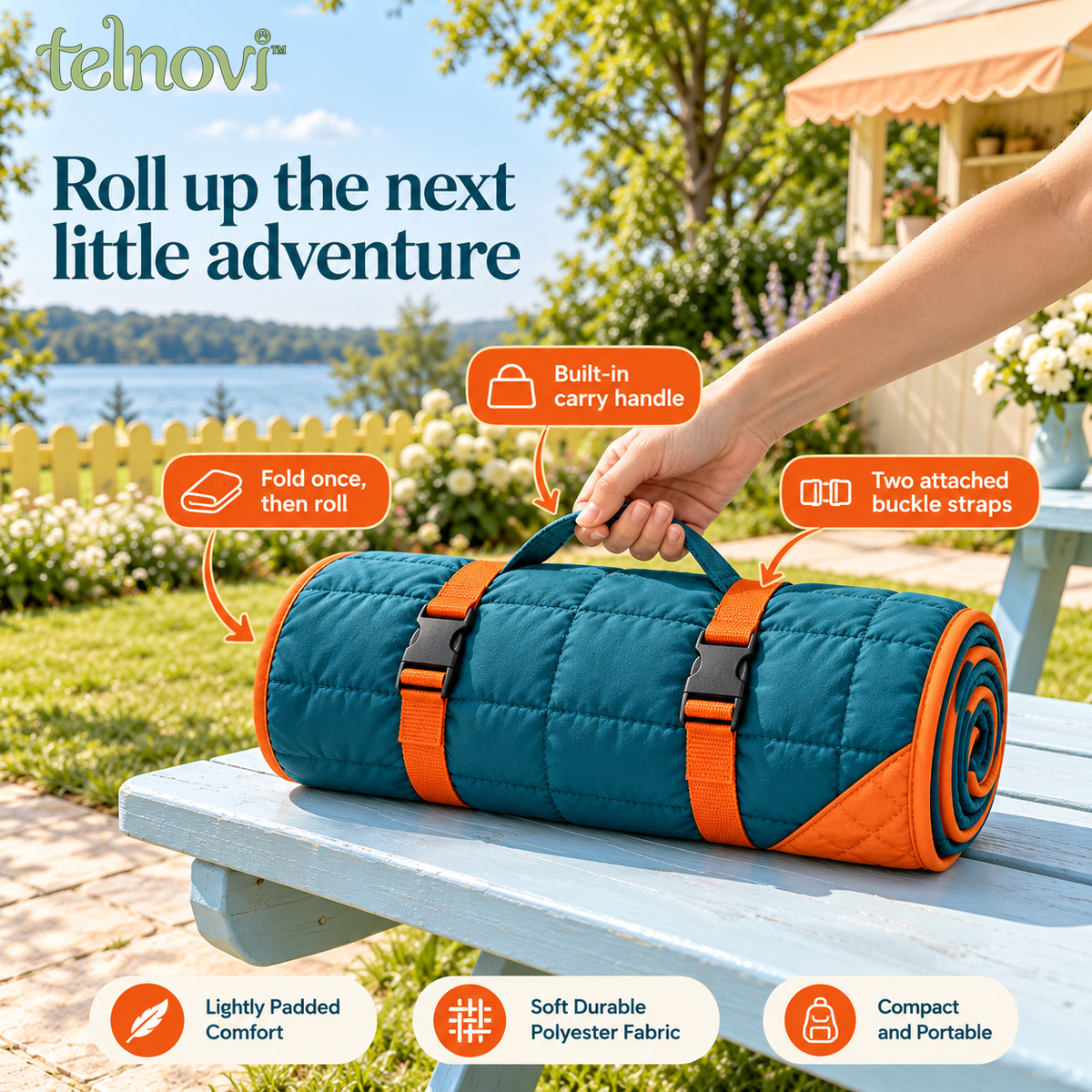telnovi™ TrailPause Packable Dog Travel Mat, Roll-Up Padded Rest Pad with Carry Handle, 36 × 24 Inches