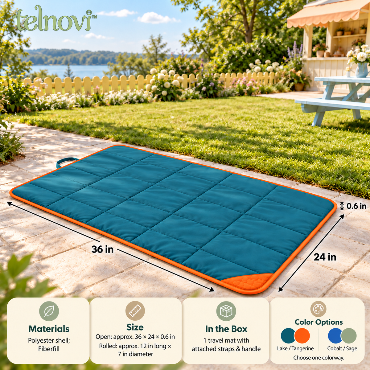 telnovi™ TrailPause Packable Dog Travel Mat, Roll-Up Padded Rest Pad with Carry Handle, 36 × 24 Inches