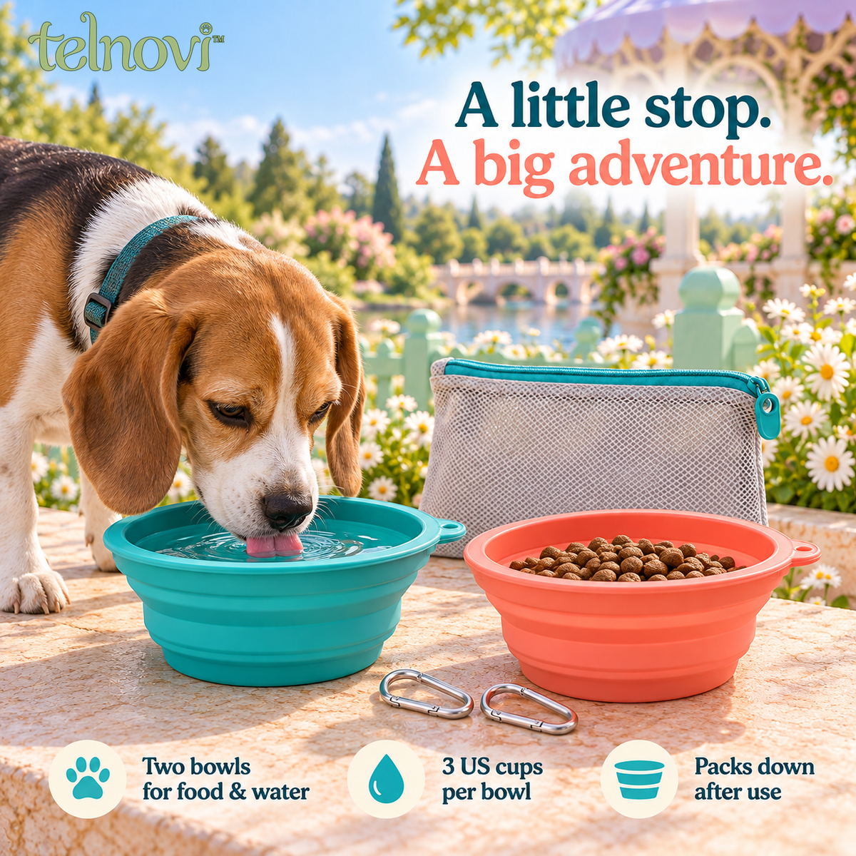 telnovi™ SipStop Collapsible Dog Travel Bowl Set, Two 3-Cup Silicone Bowls with Zippered Carry Pouch