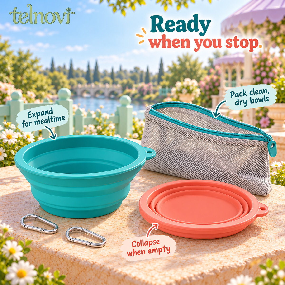 telnovi™ SipStop Collapsible Dog Travel Bowl Set, Two 3-Cup Silicone Bowls with Zippered Carry Pouch