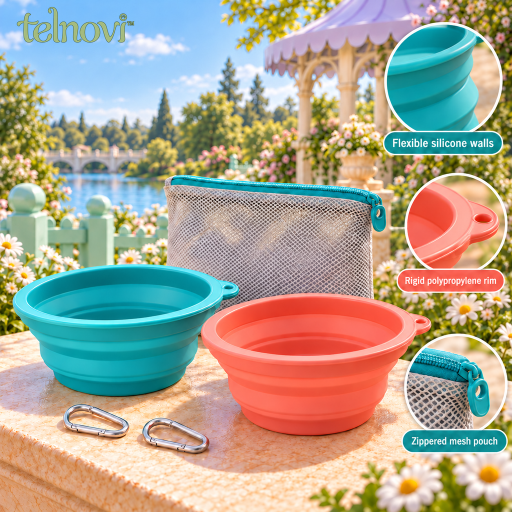 telnovi™ SipStop Collapsible Dog Travel Bowl Set, Two 3-Cup Silicone Bowls with Zippered Carry Pouch