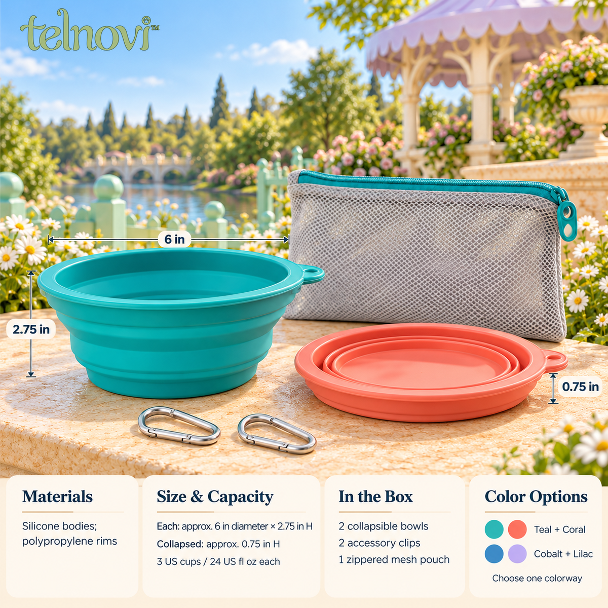 telnovi™ SipStop Collapsible Dog Travel Bowl Set, Two 3-Cup Silicone Bowls with Zippered Carry Pouch