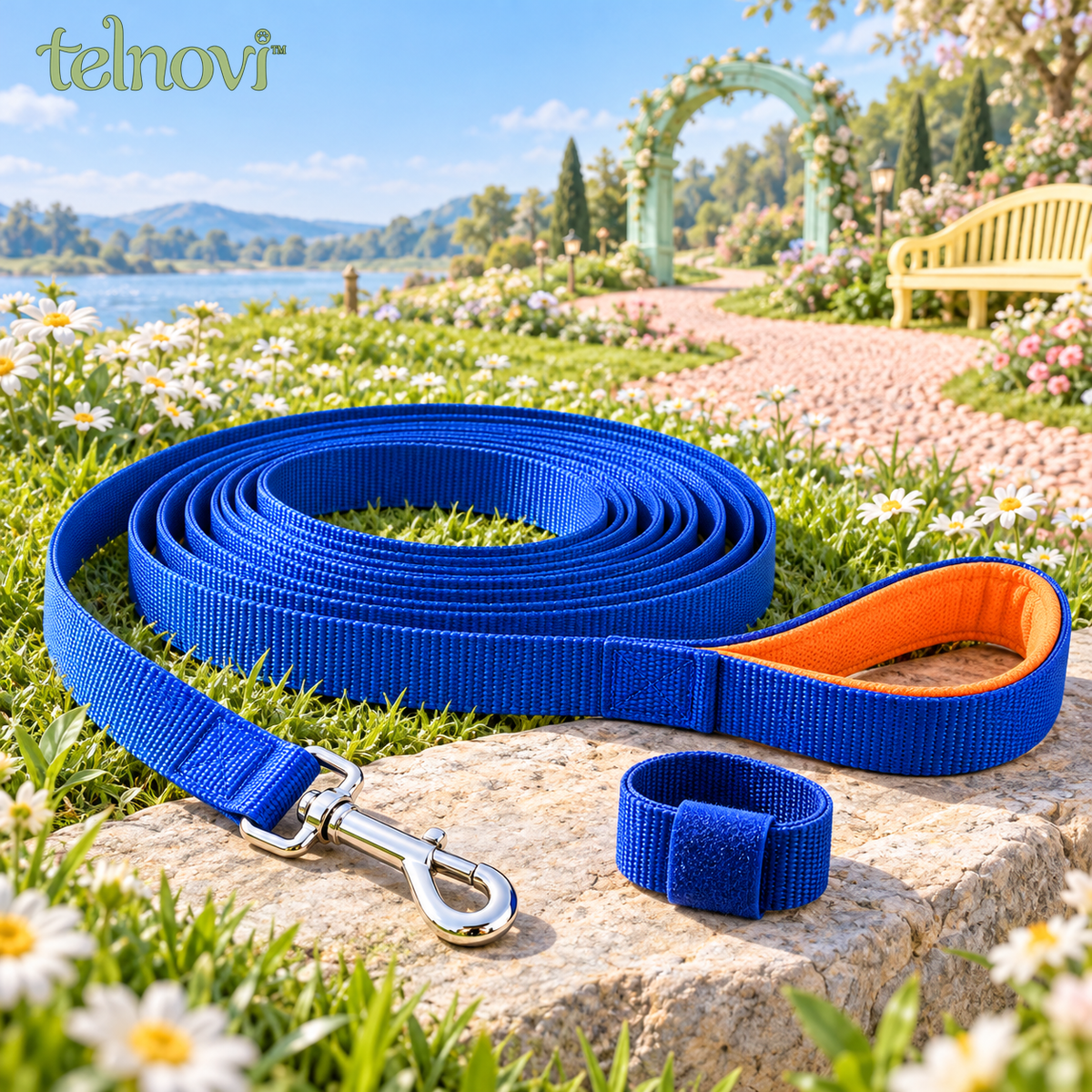 telnovi™ RoamLine Dog Training Long Leash, 20-Foot Flat Webbing Lead with Padded Handle & Swivel Clip