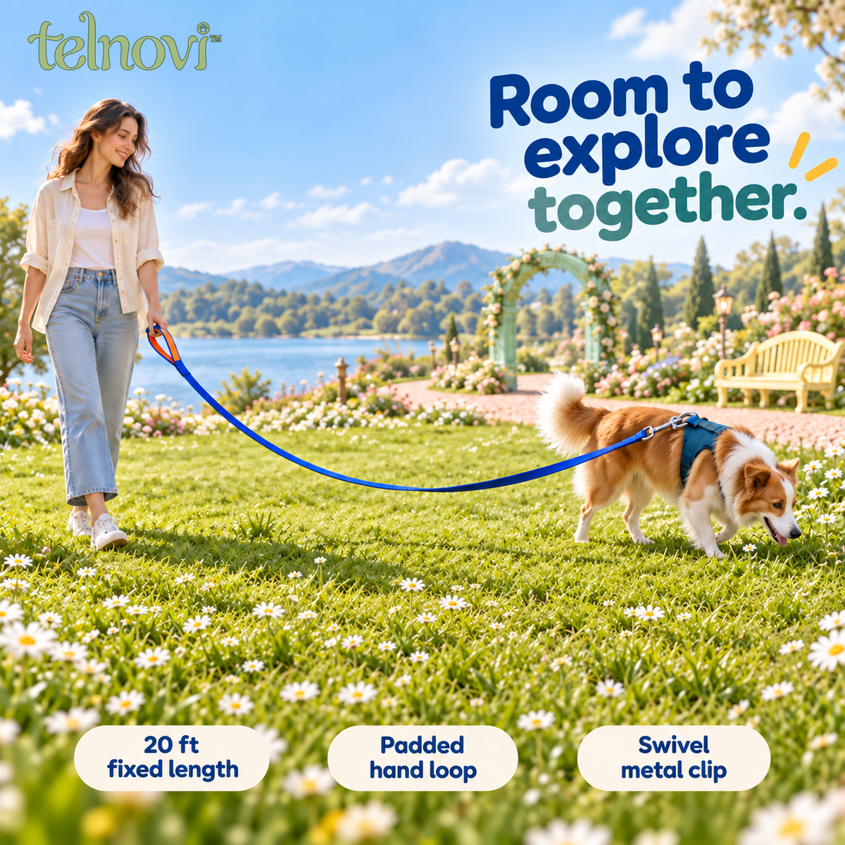 telnovi™ RoamLine Dog Training Long Leash, 20-Foot Flat Webbing Lead with Padded Handle & Swivel Clip